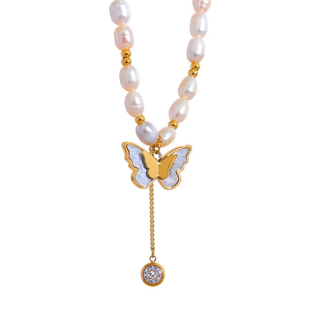 GOLD PEARL BUTTERFLY LAVALIER NECKLACE