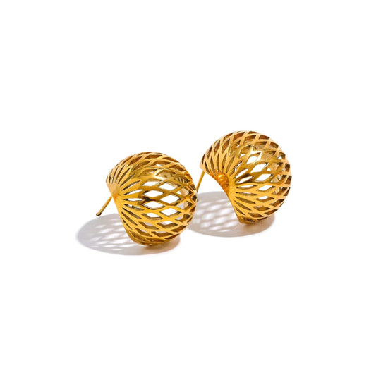 Gold geometric sphere earrings with unique design on white background.