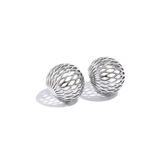 Silver geometric sphere earrings with unique design.